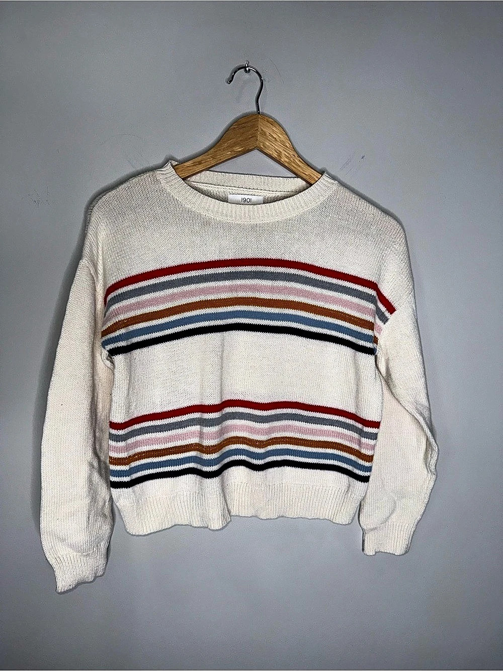 1901 Multicolor Striped Crewneck Sweater Girls Large 10/12 in Cream !